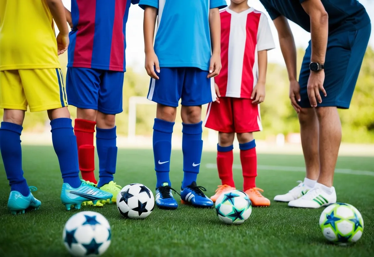 A group of children try different sizes of soccer cleats and jerseys while a parent looks on comparing prices and quality